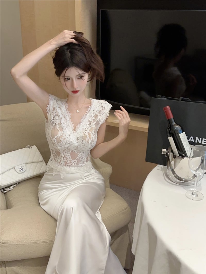 【set】ファーコート+レースマーメイドワンピースセット　M26359
