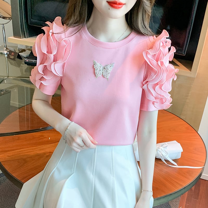 【tops】フリルパフスリーブTシャツG21540