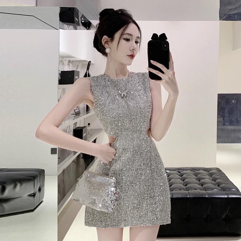 【dress】お値段以上！夏新作2色ラウンドネックノースリーブ二次会披露宴ワンピースF5558