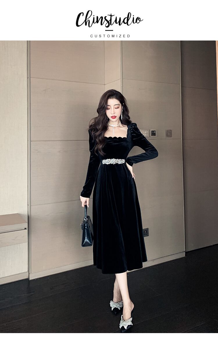 【dress】美人度アップ!気質満点ハイウエスト長袖 スクエアネックワンピース G1418