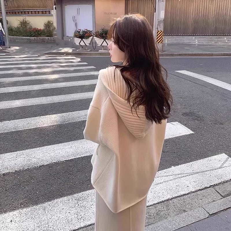 【set】フード付きニットトップス×ロングスカートセット Q8357