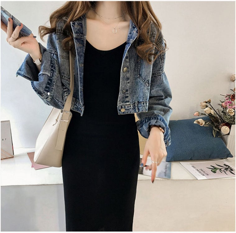 【set】デニムジャケット+体型カバー無地キャミワンピース通勤日常2点セットF0779
