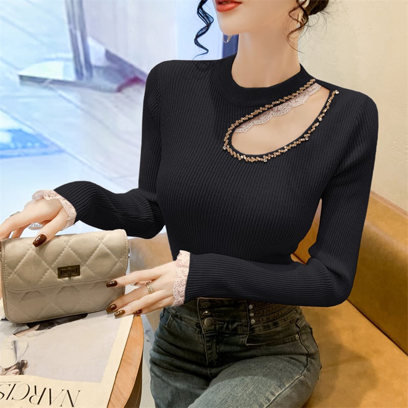 【tops】レース切り替えニットトップス　M28664