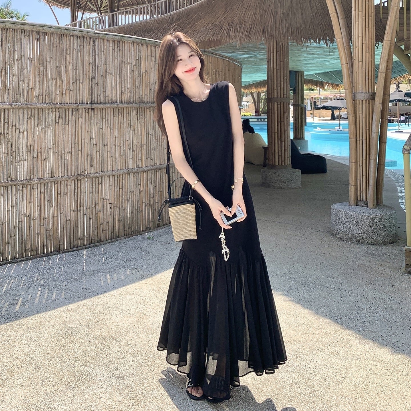 【dress】チュールドッキングロングワンピース　K0554