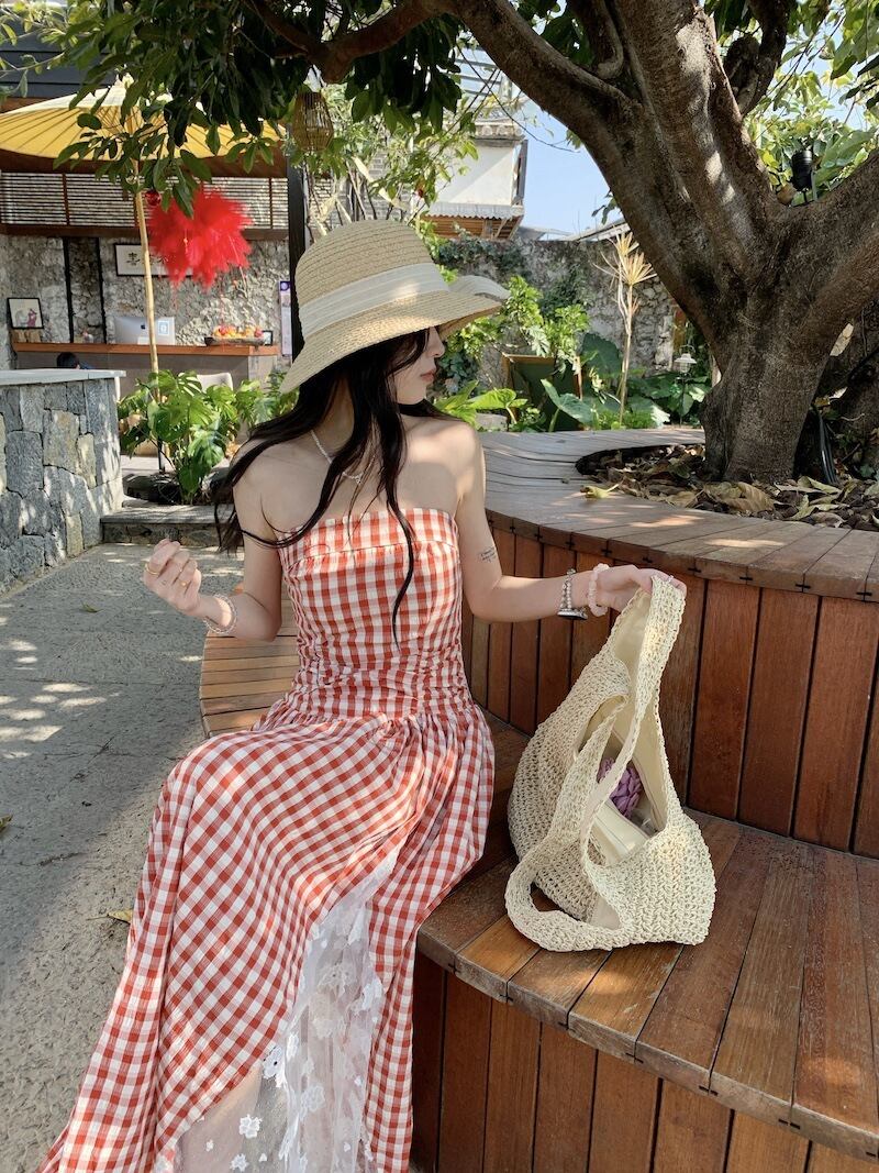 【dress】レースドッキングチェック柄ワンピース　M29795