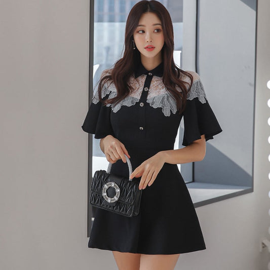 【dress】レース切り替え透かし彫りワンピース G21483