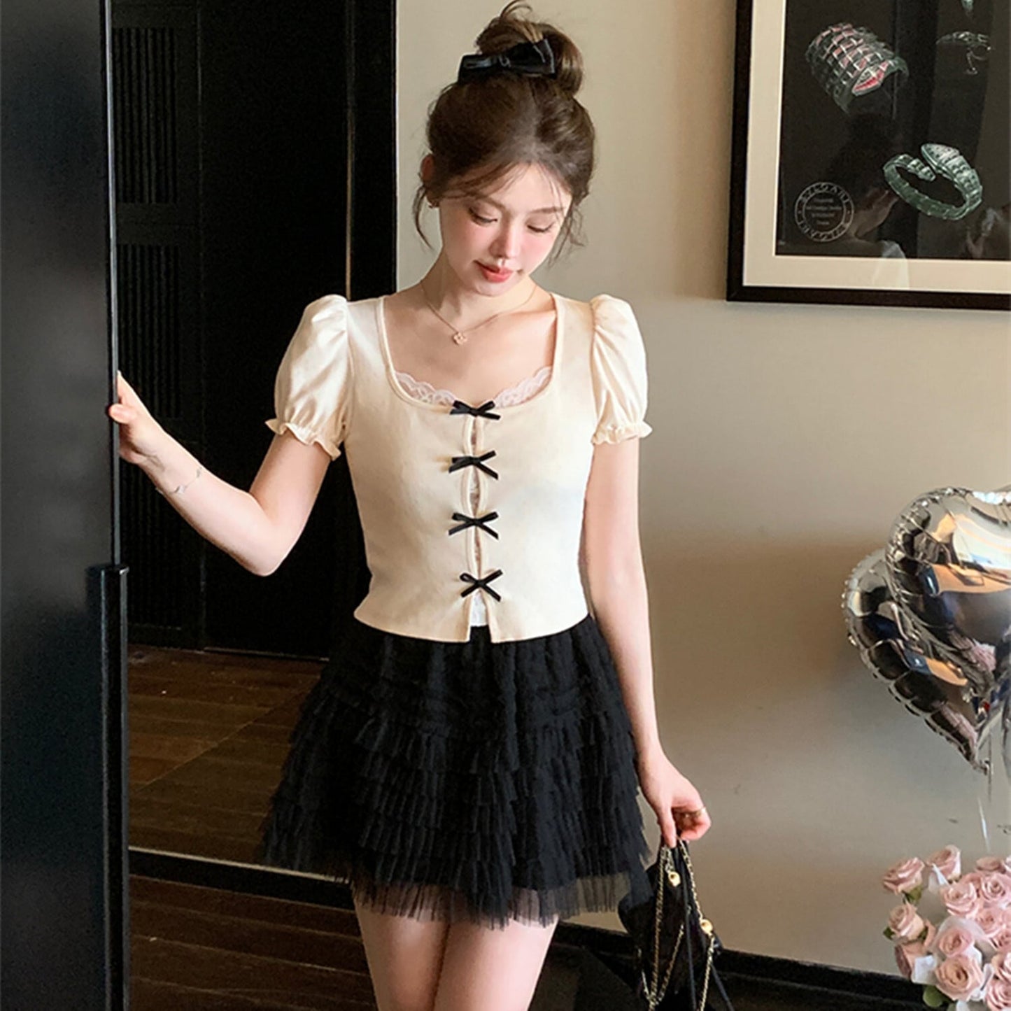 【tops】リボンレースドッキングトップス　N3012