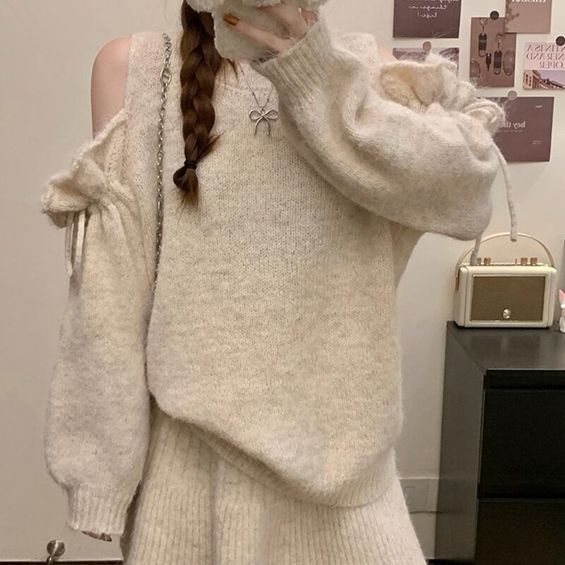 【set】オフショルニットトップス×ミニスカートセット Q7276