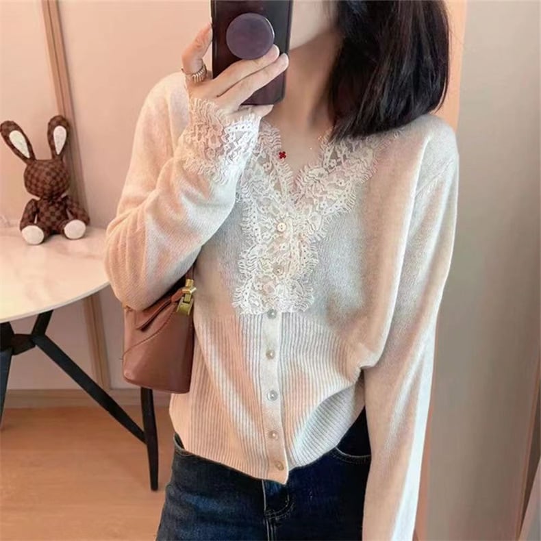 【tops】レース切り替えニットトップス　M25992