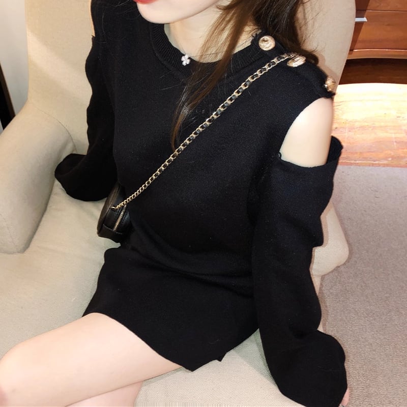 【dress】オープンショルダーニットワンピース Q7576