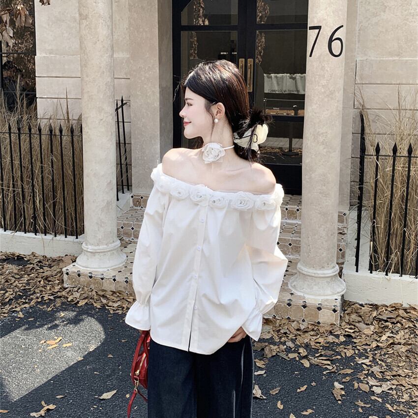 【tops】ボートネック立体フラワーシャツトップス　M29555