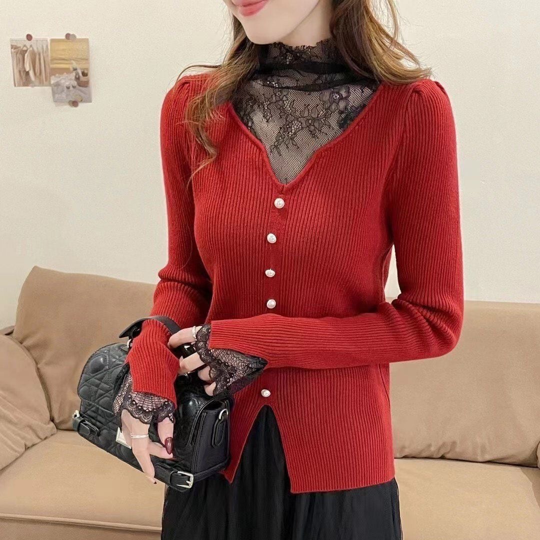 【tops】レースドッキングニットトップス　M28047