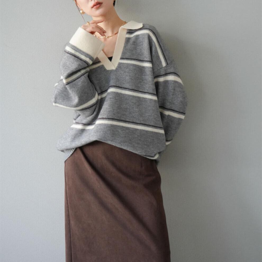 【tops】Ⅴネックボーダー柄ニットトップス N3430