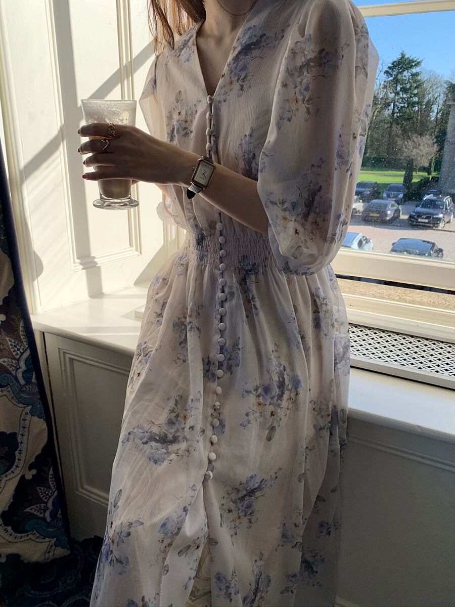 【dress】Vネック花柄シフォンワンピース G20747