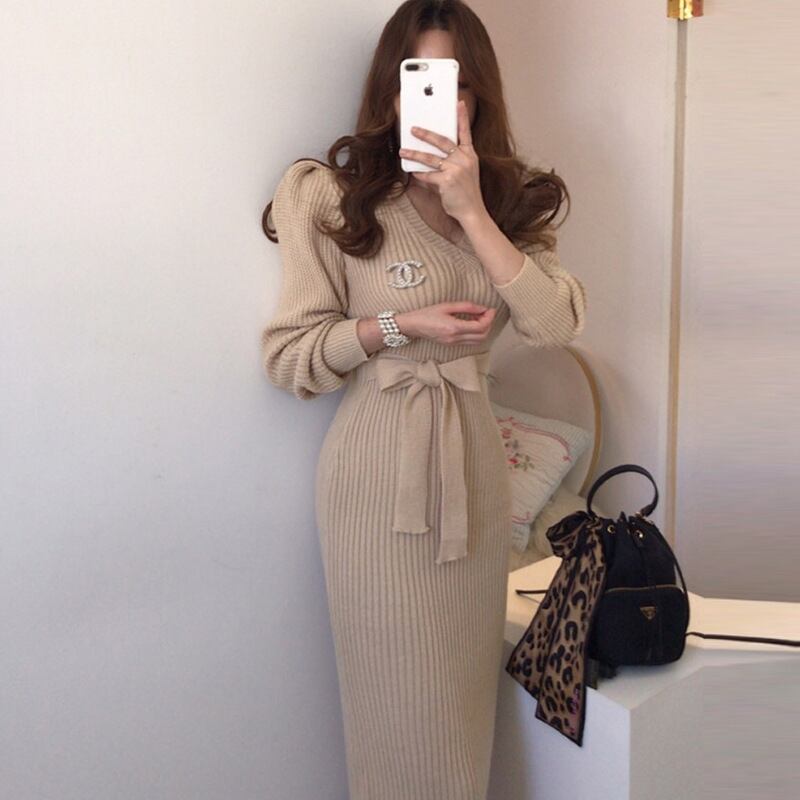 【dress】Vネックスリットタイトニットワンピース G16693