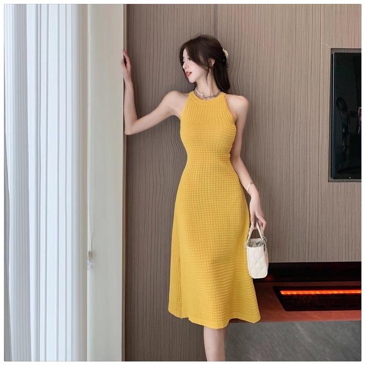 【dress】ホルターネックAラインニットワンピースF7458