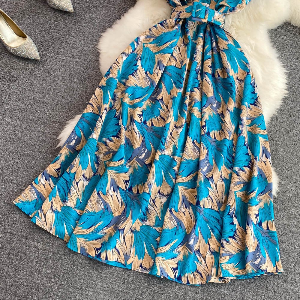 【dress】オシャレ度満点〜夏新作海旅行4色バンドカラー花柄配色シフォンワンピースF5110