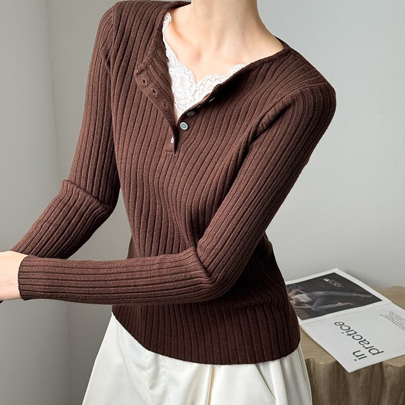 【tops】レースドッキングニットトップス Q6969