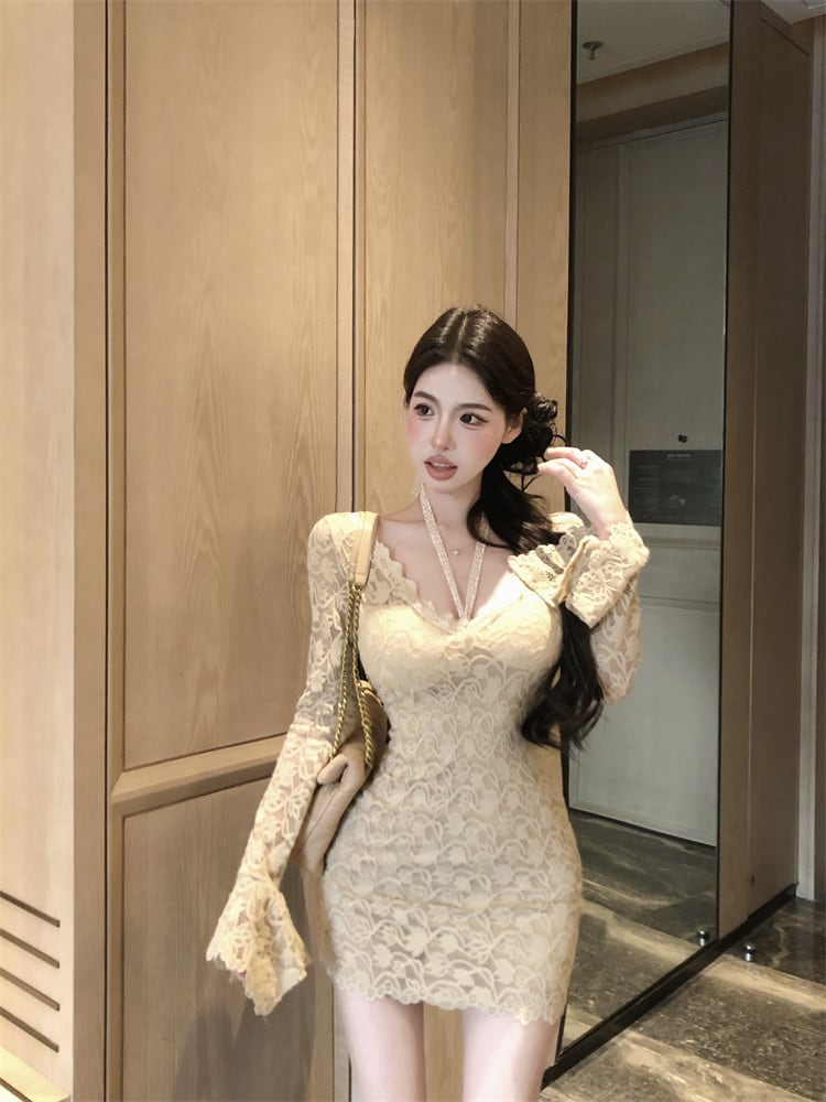 【dress】フレアスリーブレースワンピース　M29609