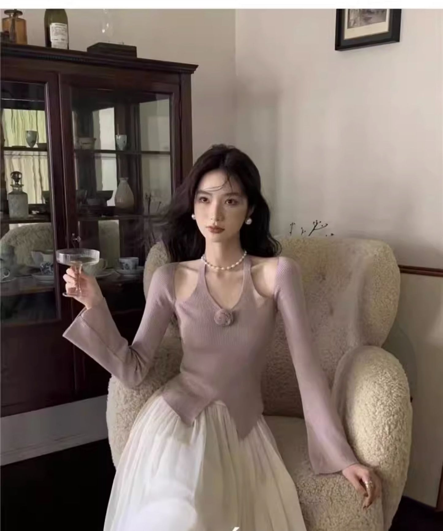 【tops】長袖ホルターネックニットトップスG23258