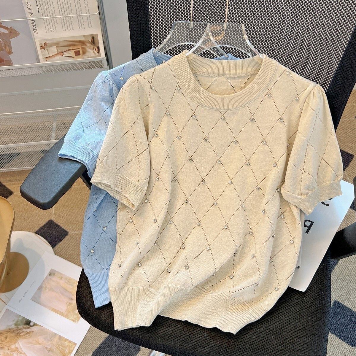 【tops】2色ラインストーンニットＴシャツF7308