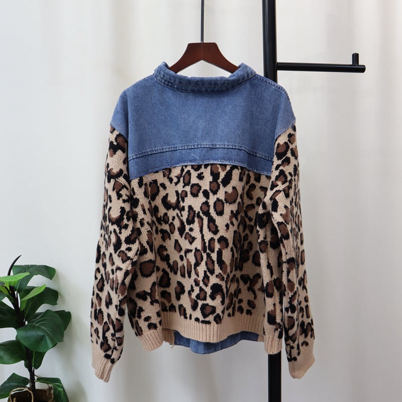 【outer】ニットヒョウ柄スリーブデニムジャケット　M26764