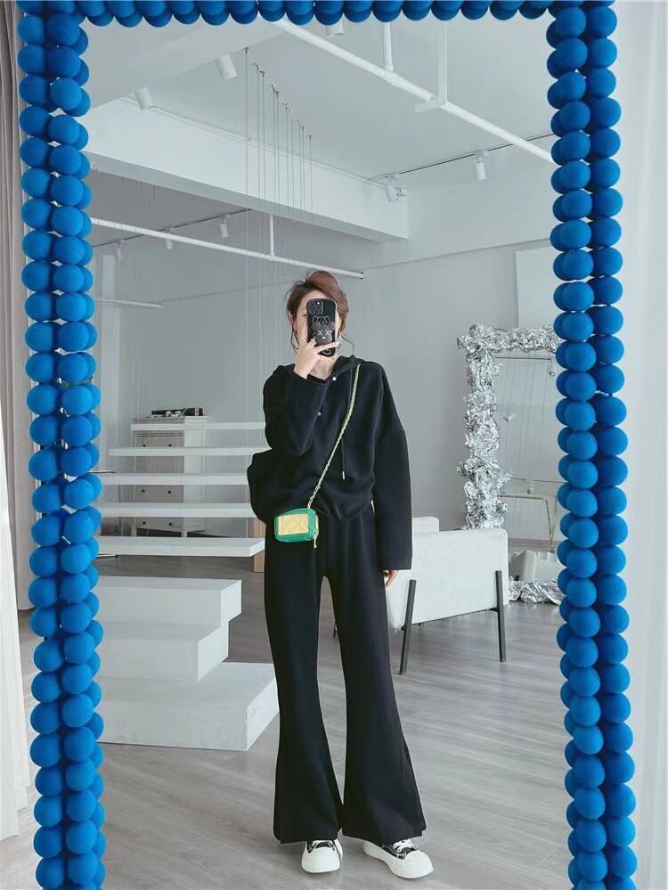 【set】好感度満載！3色ゆったり長袖パーカー+無地ガウチョパンツ通勤日常セットアップF4785