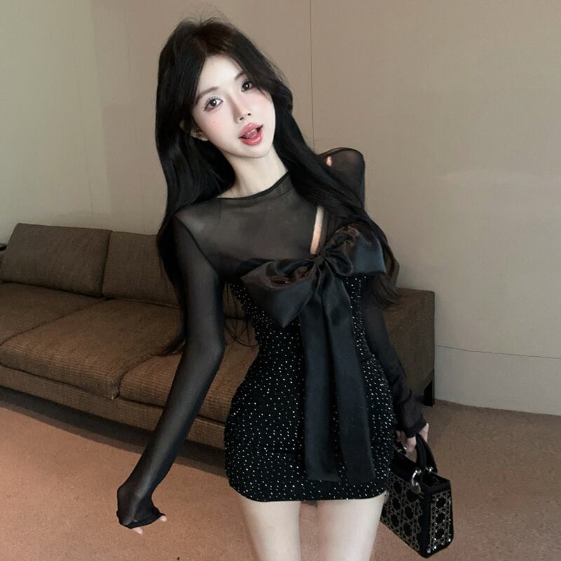 【dress】チュールコンビビジューリボン付きワンピース　M29784