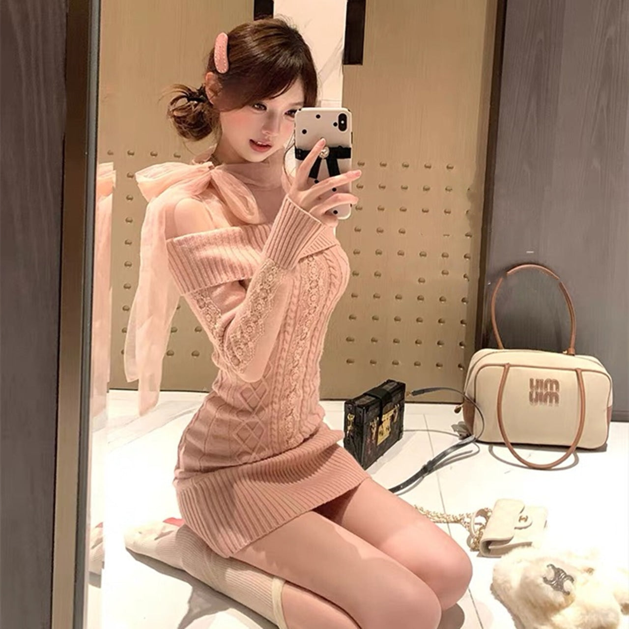 【dress】チュールドッキングリボンニットワンピースF8471