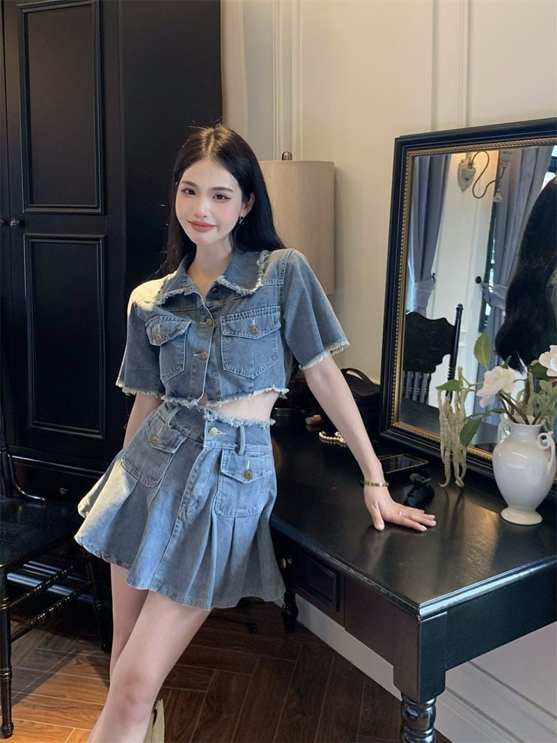 【set】半袖ジャケット+スカートデニム2点セットF7529