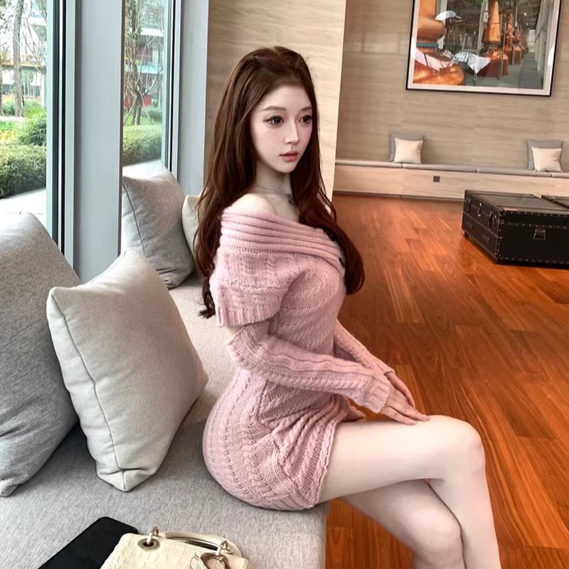 【dress】オフショルダーニットワンピース Q7816