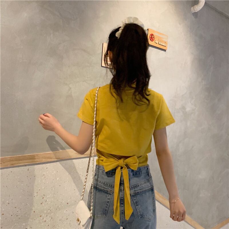 【tops】選べる5色！ラウンドネック半袖無地着回し蝶々結びTシャツ