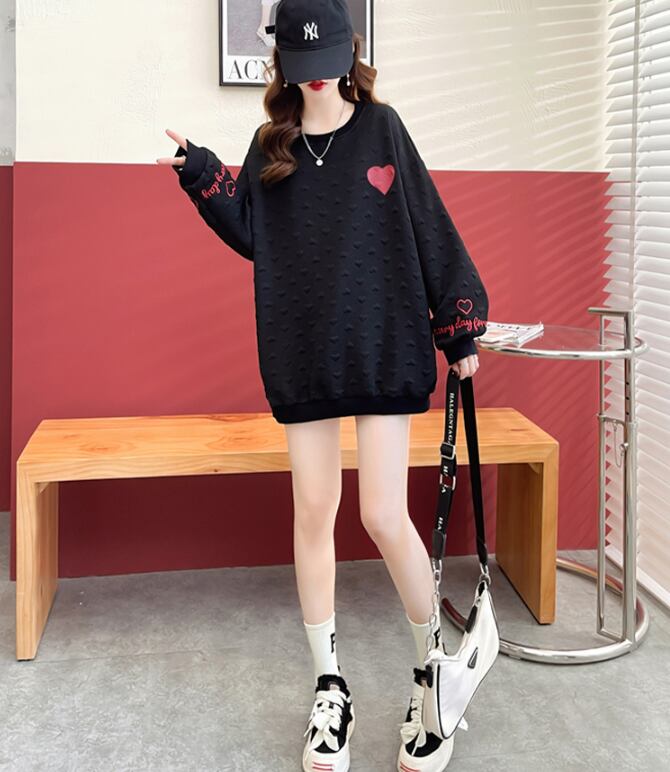 【tops】INS風ラウンドネック長袖ハート柄カジュアル薄手パーカーF3574