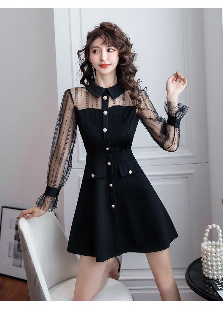 【dress】ファッション好感度UP!気質満点レトロPOLOネック切り替え着痩せワンピース