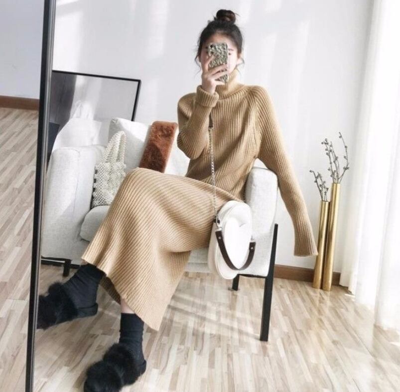 【dress】秋冬気質満点レトロフランス風着痩せハイネックニットワンピース G2598