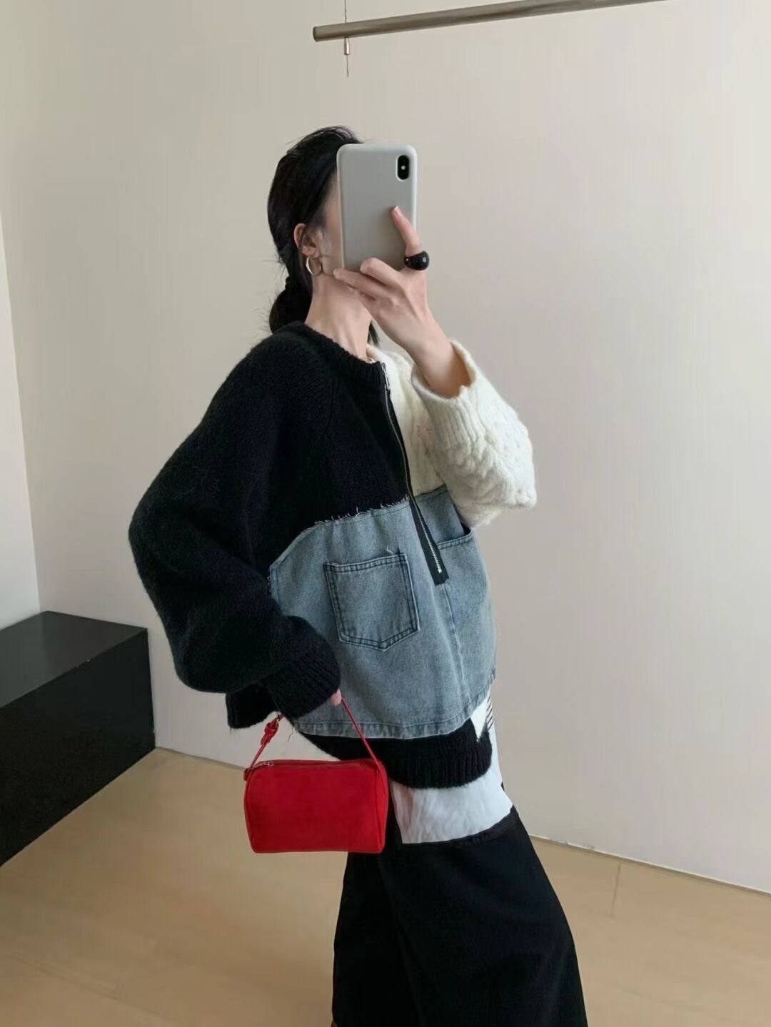 【tops】デニム切り替えニットトップス　N3288