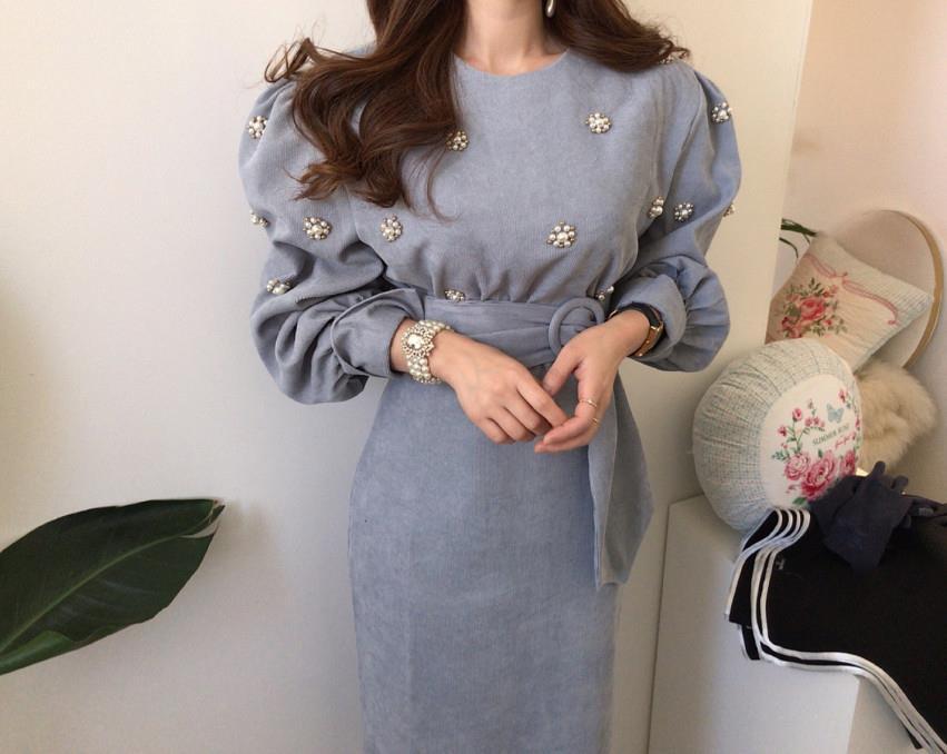 【dress】 韓国系気質満点レトロスウィートパフスリーブ着痩せコールテンワンピース G1775