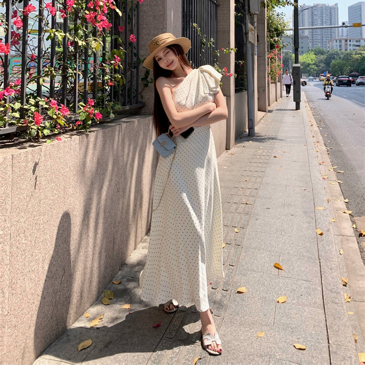 【dress】ワンショルダーリボンドット柄ワンピース　N3045
