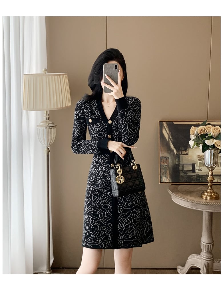 【dress】ジャカードVネックニットワンピース　M27683