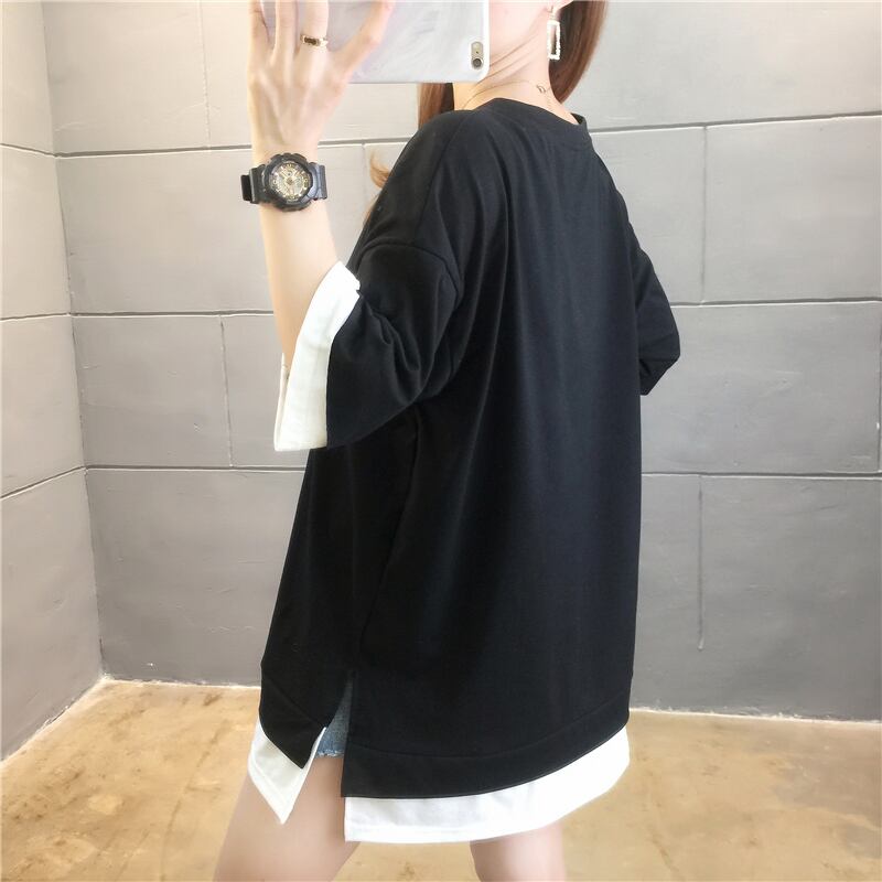 【tops】ラウンドネック半袖カジュアル偽二つ切り替え配色着まわしTシャツ