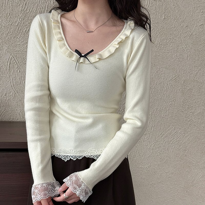 【tops】レースドッキングフレアニットトップス Q7312