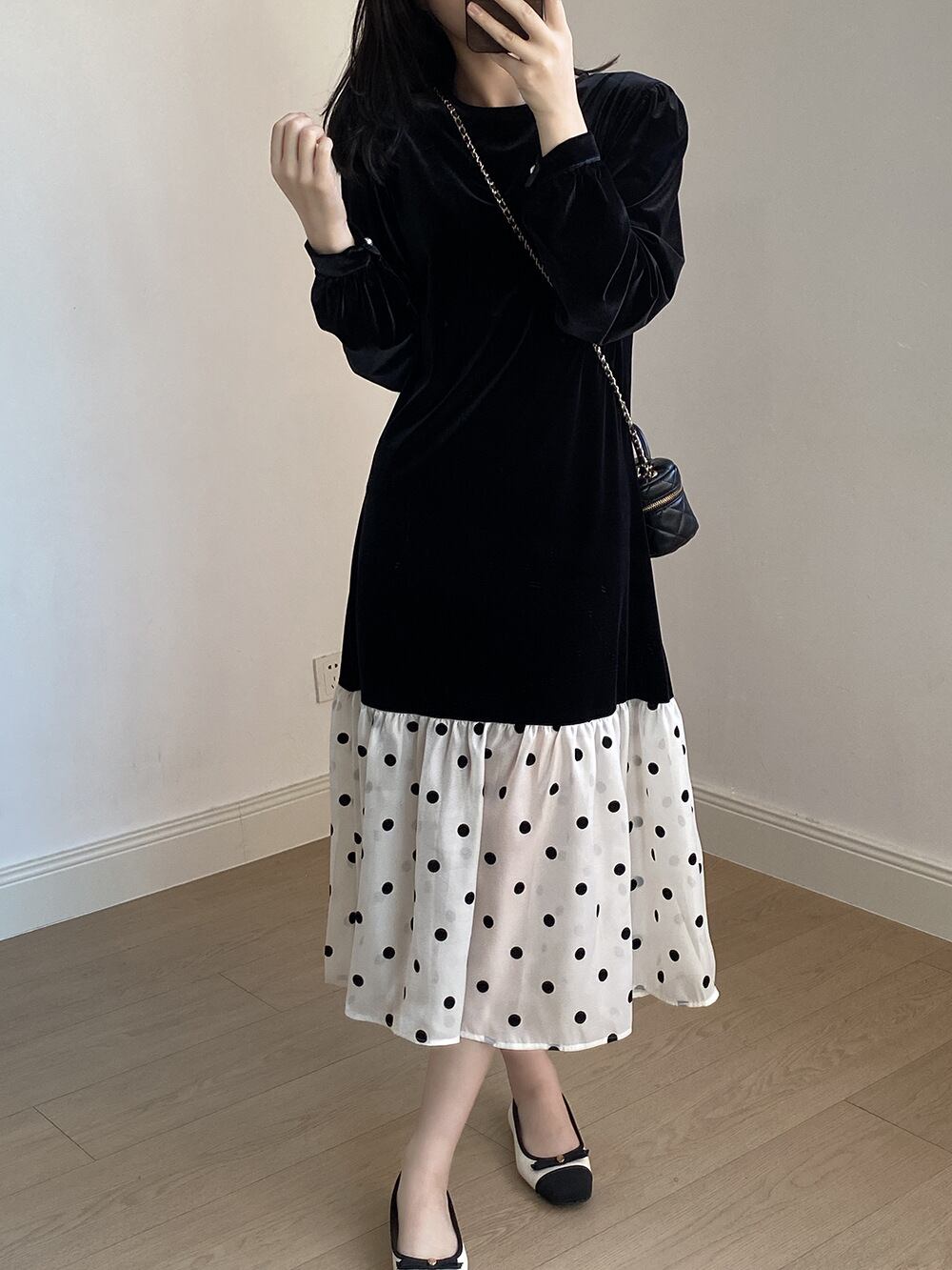 【dress】ドット柄ドッキングワンピース　M29743