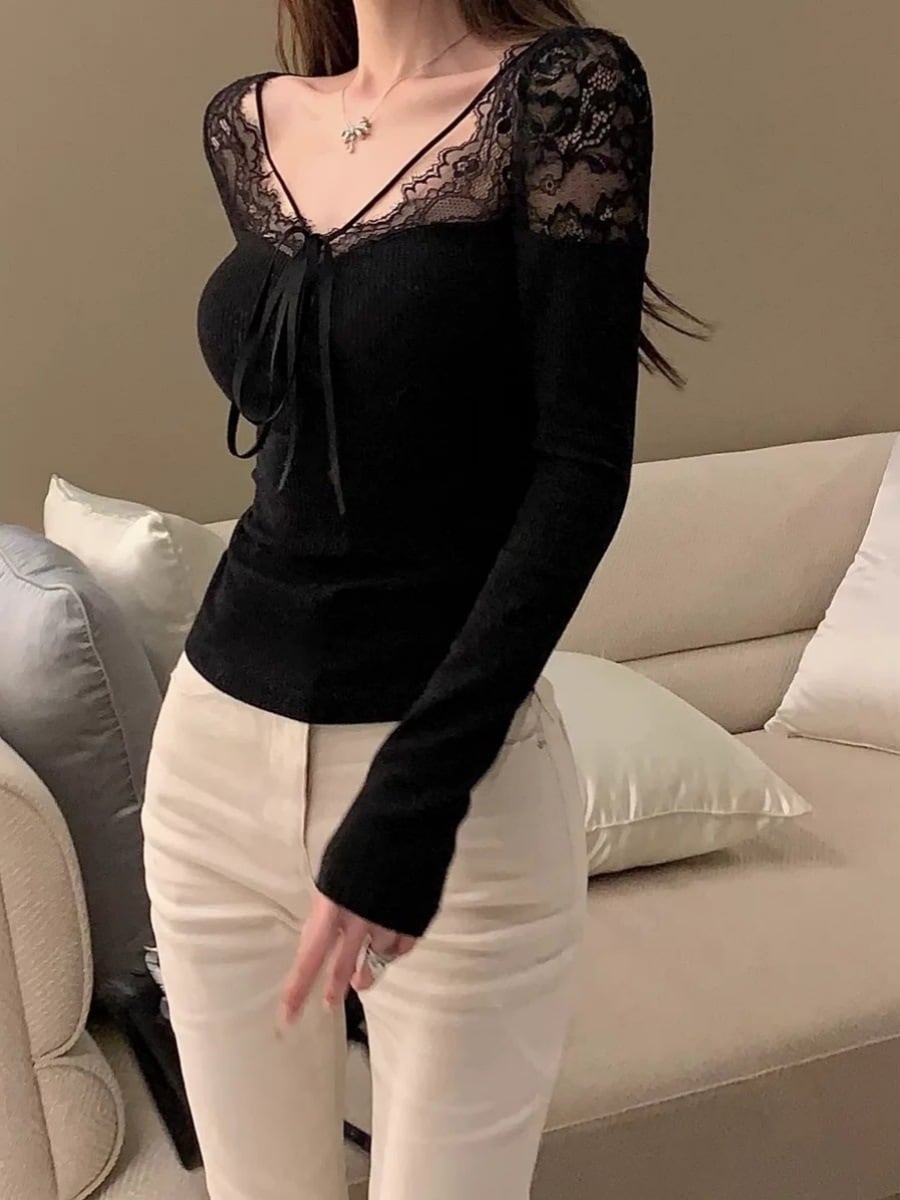 【tops】レース切り替え長袖Tシャツ　M29408