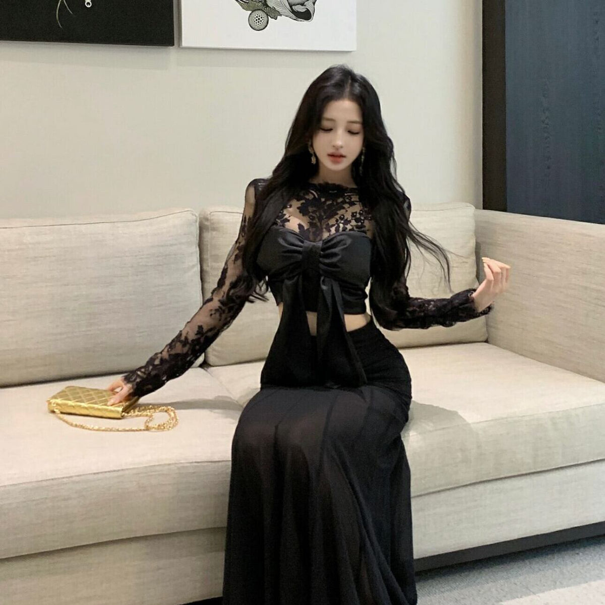 【set】リボン付きレーストップス×ロングスカートセット　N2763