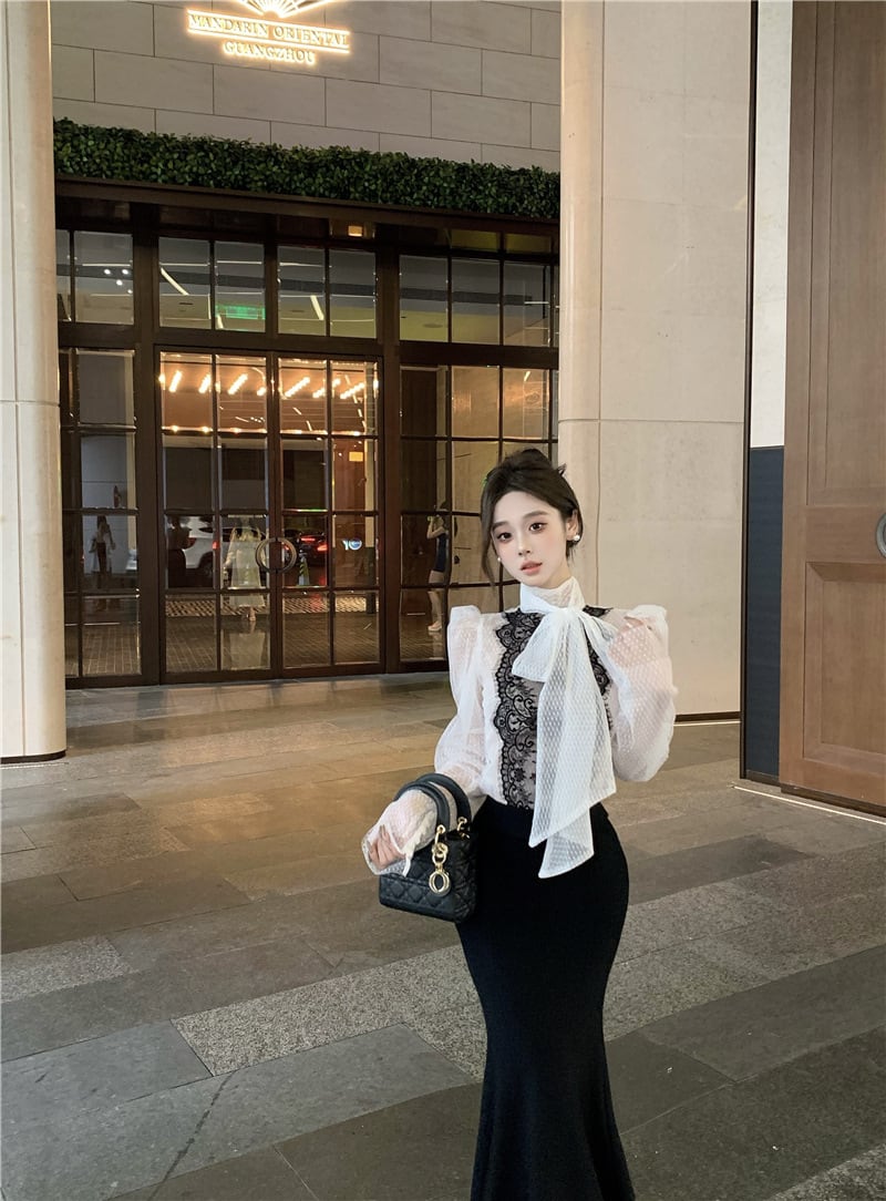【tops】レース切り替リボン付きシャツトップス　M27164