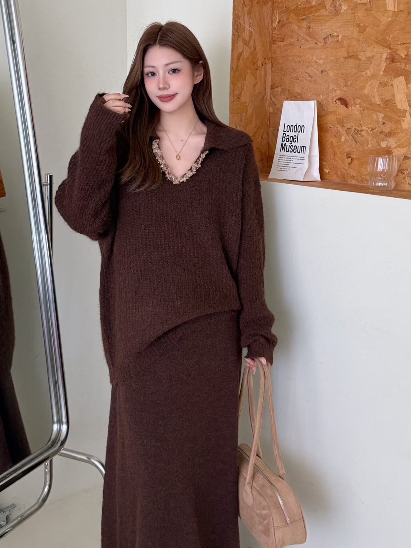 【set】Vネックニットトップス×ロングスカートセット Q7278