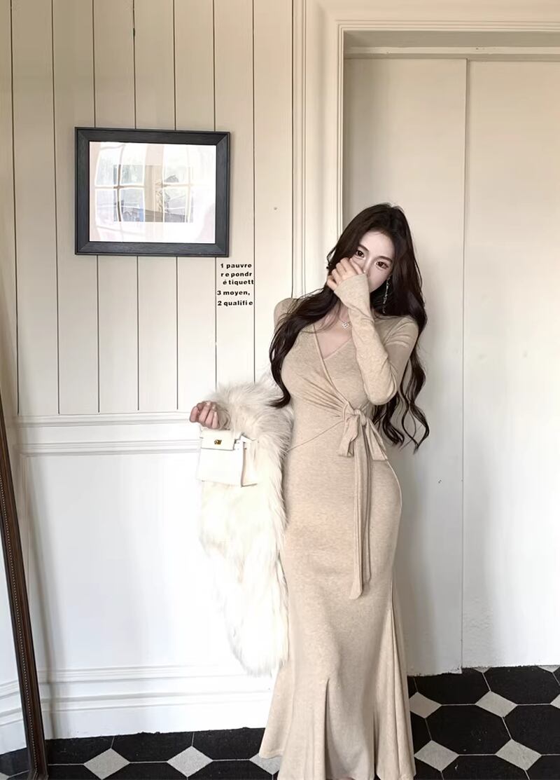【dress】クロスネックロングニットワンピース Q8113