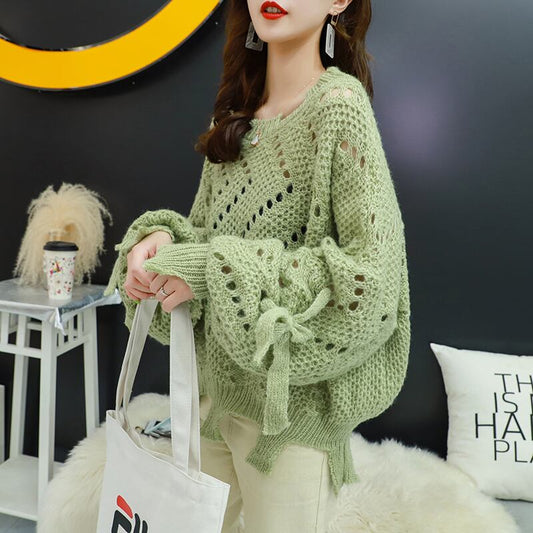 【tops】韓国ファッション3色ラウンドネック長袖透かし彫り薄手ニットセーターF0634