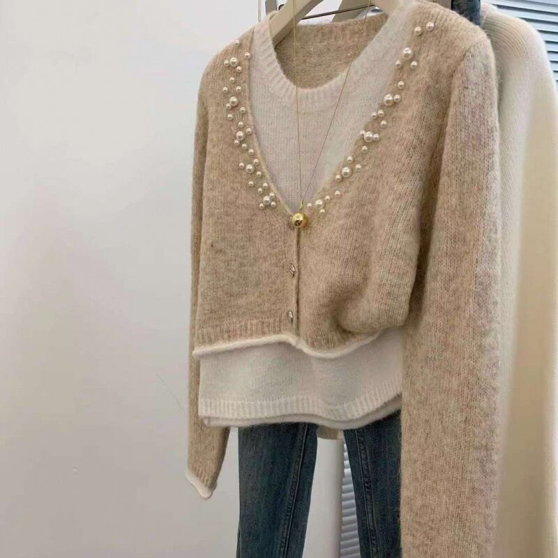 【tops】パールドッキングニットセーター　M29136