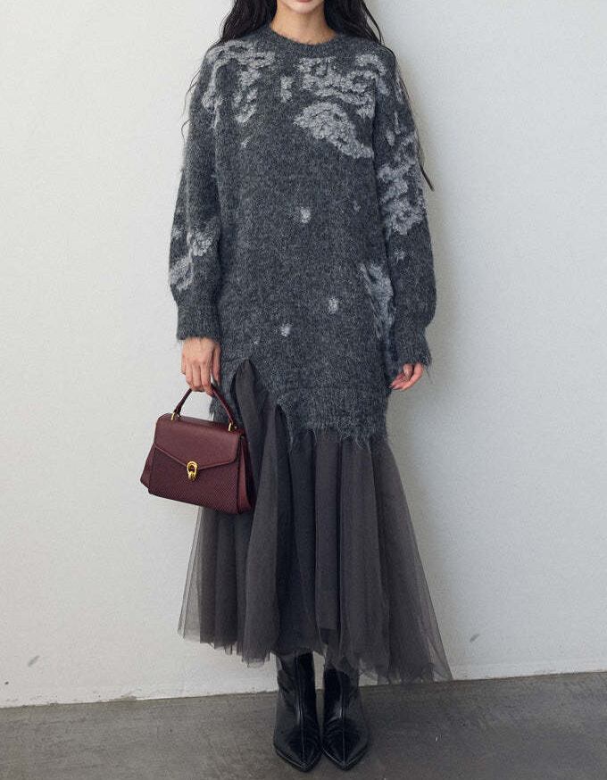 【dress】チュールドッキングロングニットワンピース Q7839